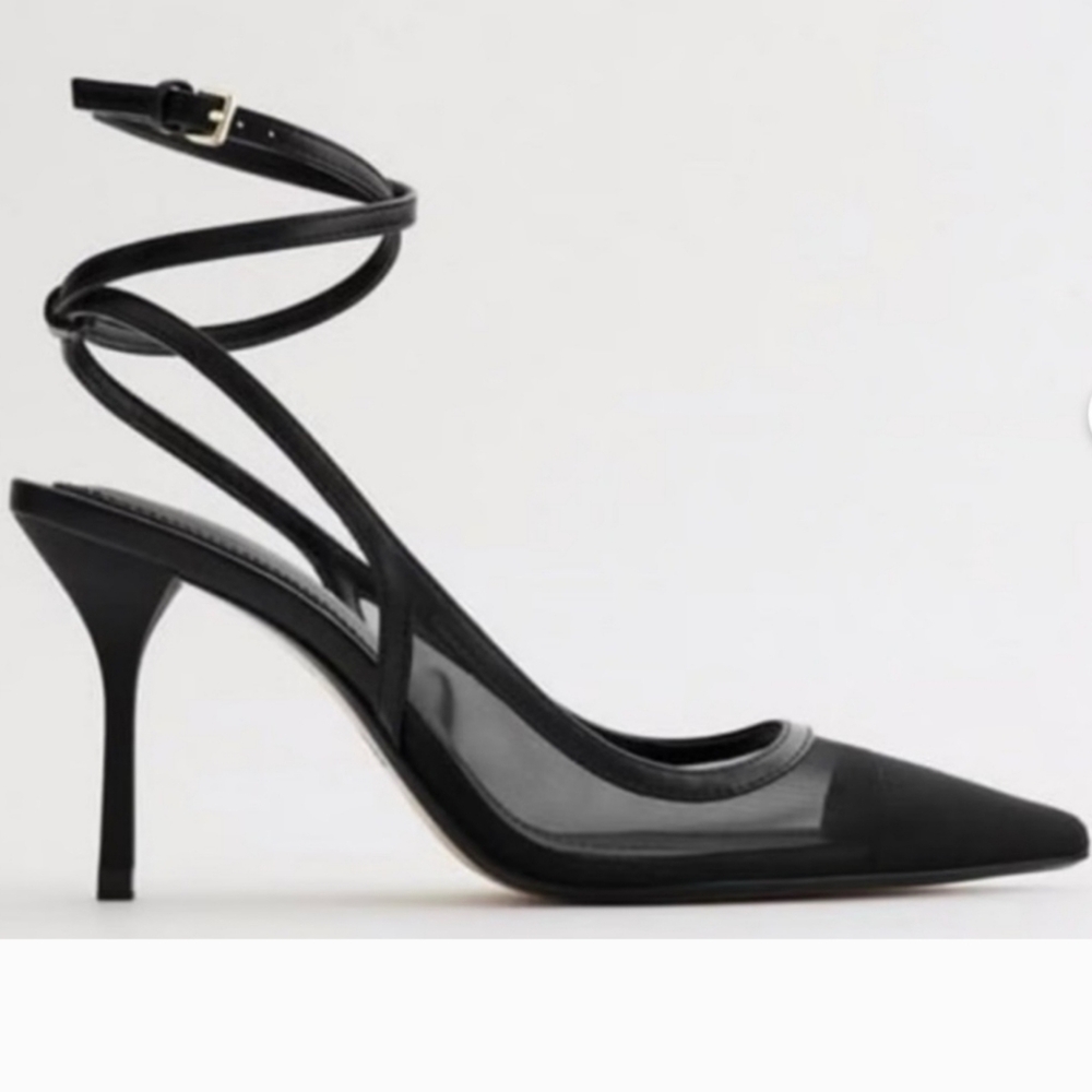 ZARA mesh pointy ankle wrap heel
